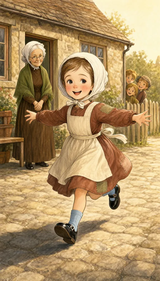 Goody runs down a cobbled street