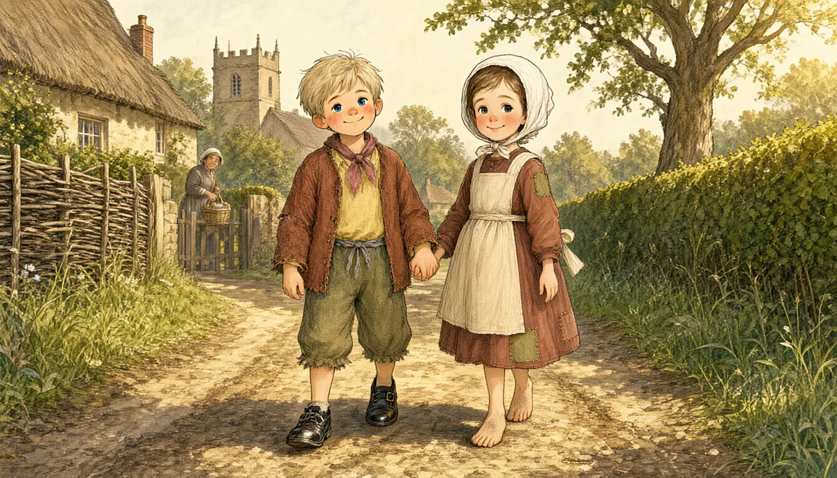 Two children walk through an English village