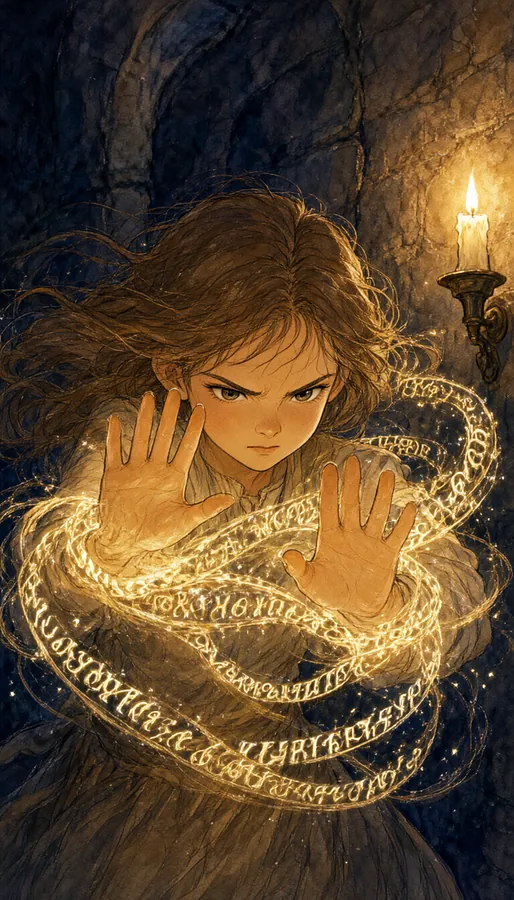 A girl surrounded by swirling golden words