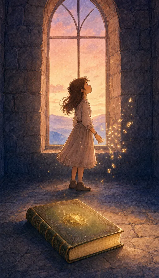 A girl at a tall window at dusk