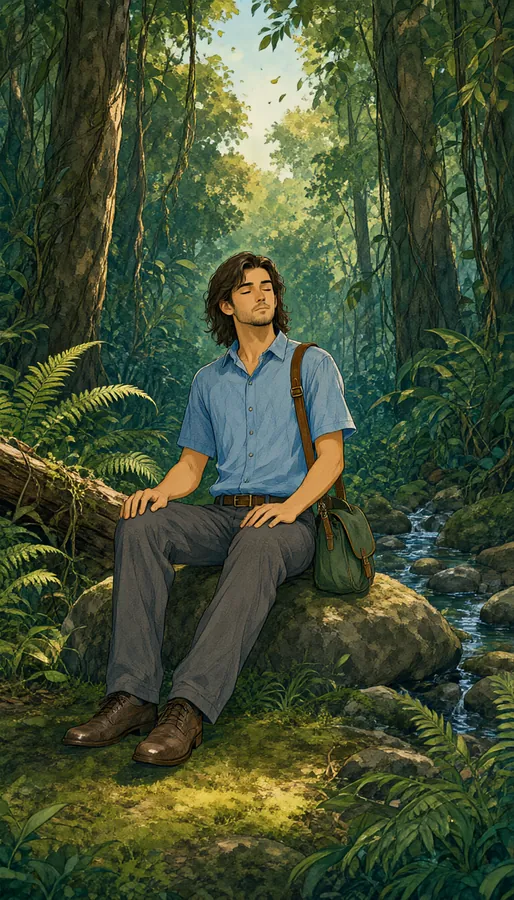 A young man resting in a sunlit forest