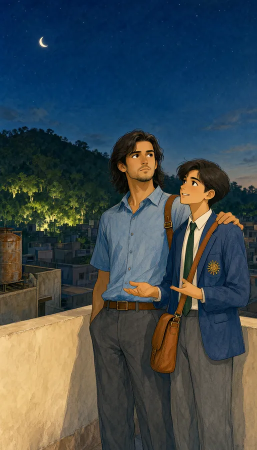 Two friends on a rooftop under a crescent moon