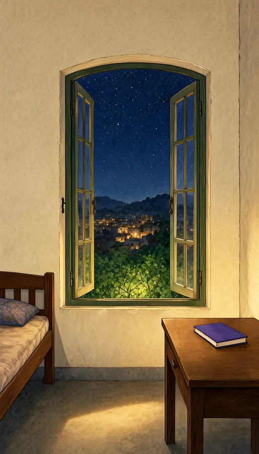 An open window over a night-time hill town