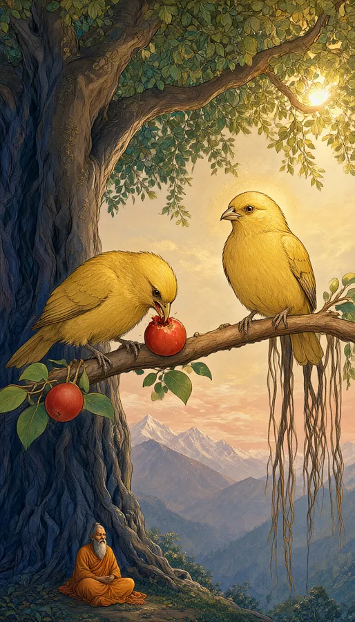 Two golden birds on a branch
