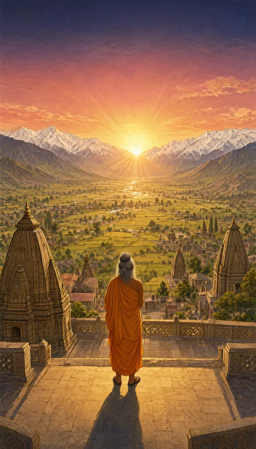 A monk watches sunrise over temples