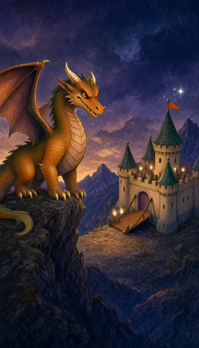 A dragon over a castle at dusk