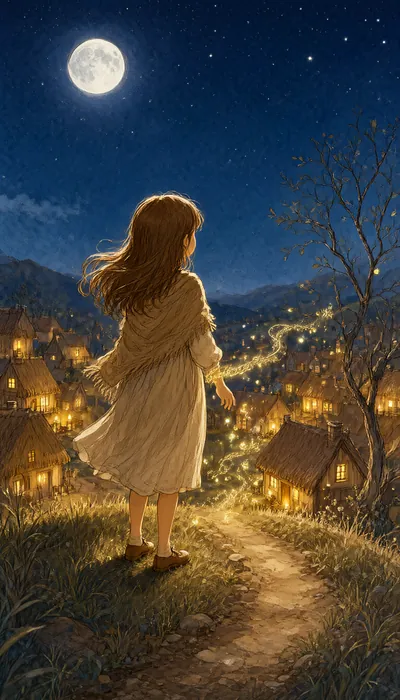 A girl walks toward a moonlit village