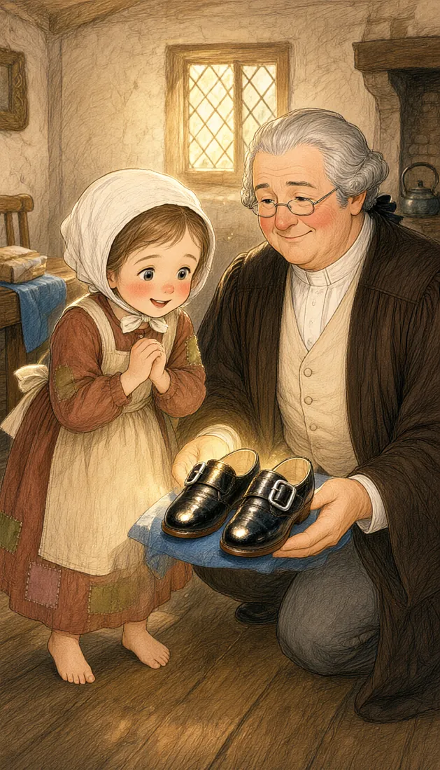 Illustrated scene: Goody receives a new pair of shoes